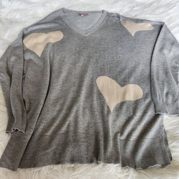 Laurie Felt Sweater XL Cashmere Blend Intarsia V-Neck Heather Grey Hearts - Picture 8 of 15